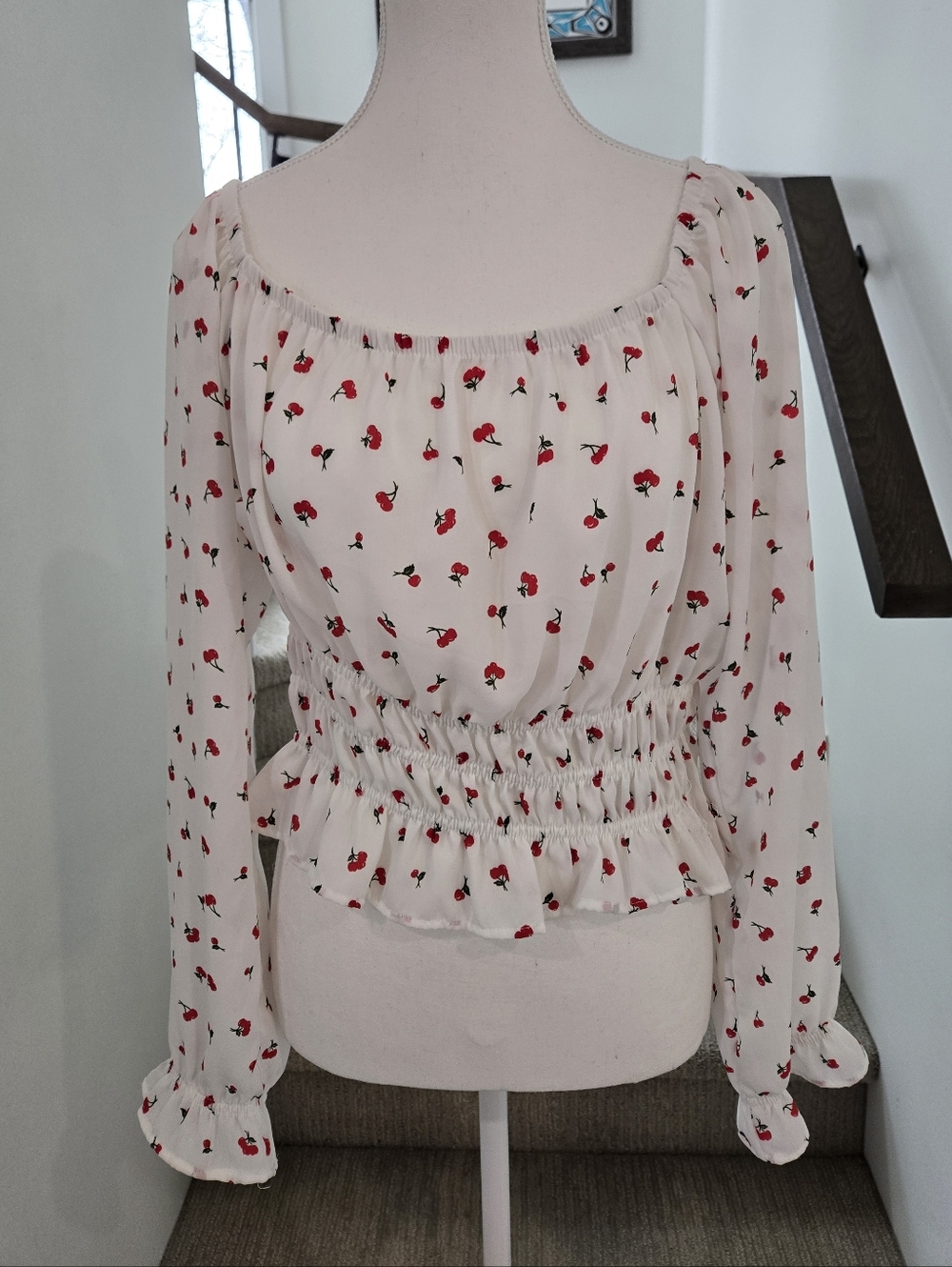 Iris White Cherry-Print Peplum Blouse
